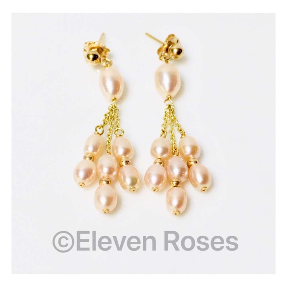 14k Gold Pearl Chain Triple Drop Dangle Earrings